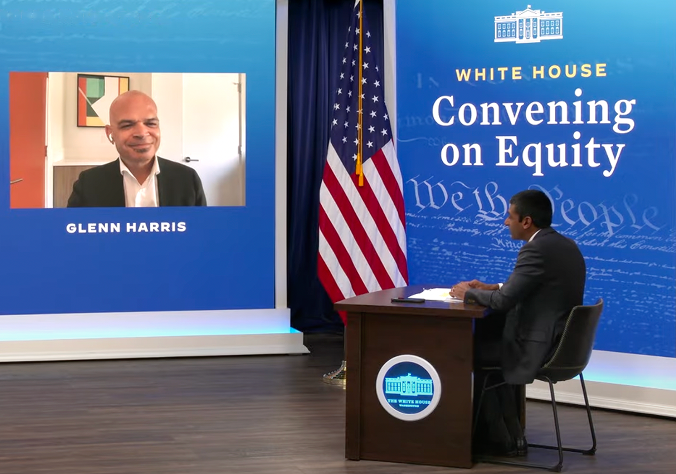 Race Forward President Glenn Harris speaking to a moderator at a virtual White House Convening on Equity