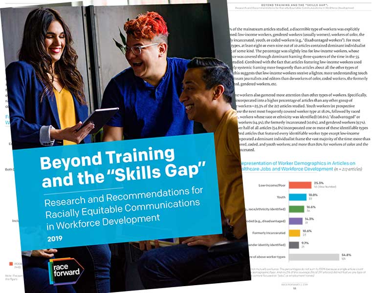 Beyond Training and the "Skills Gap" cover and subtitle on blue background. Two people standing and one person sitting are laughing. One of the standing people is holding a tablet. The open report with a page including graphics is visible below the cover.