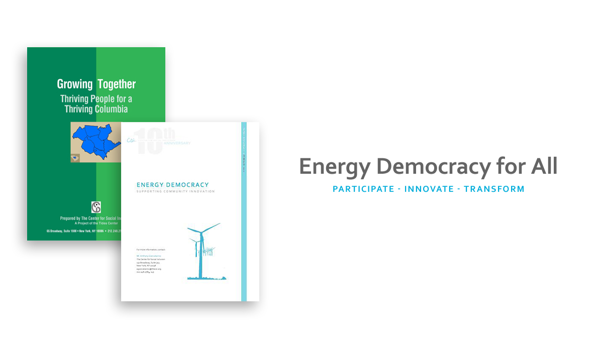Report covers: Growing Together and Energy Democracy with Energy Democracy for All logo with tagline "Participate, Innovate, Transform."