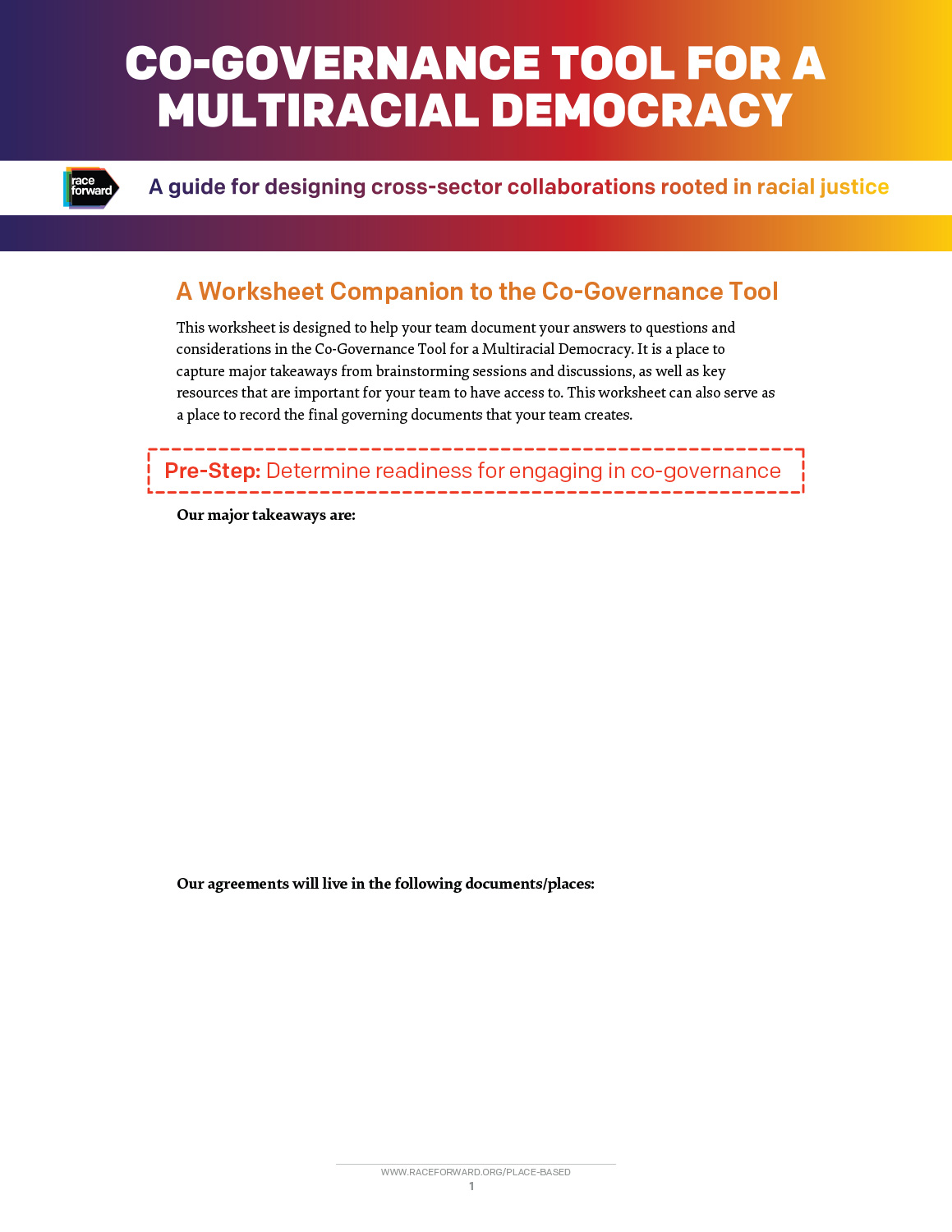 Co-Governance Tool Worksheet first page.