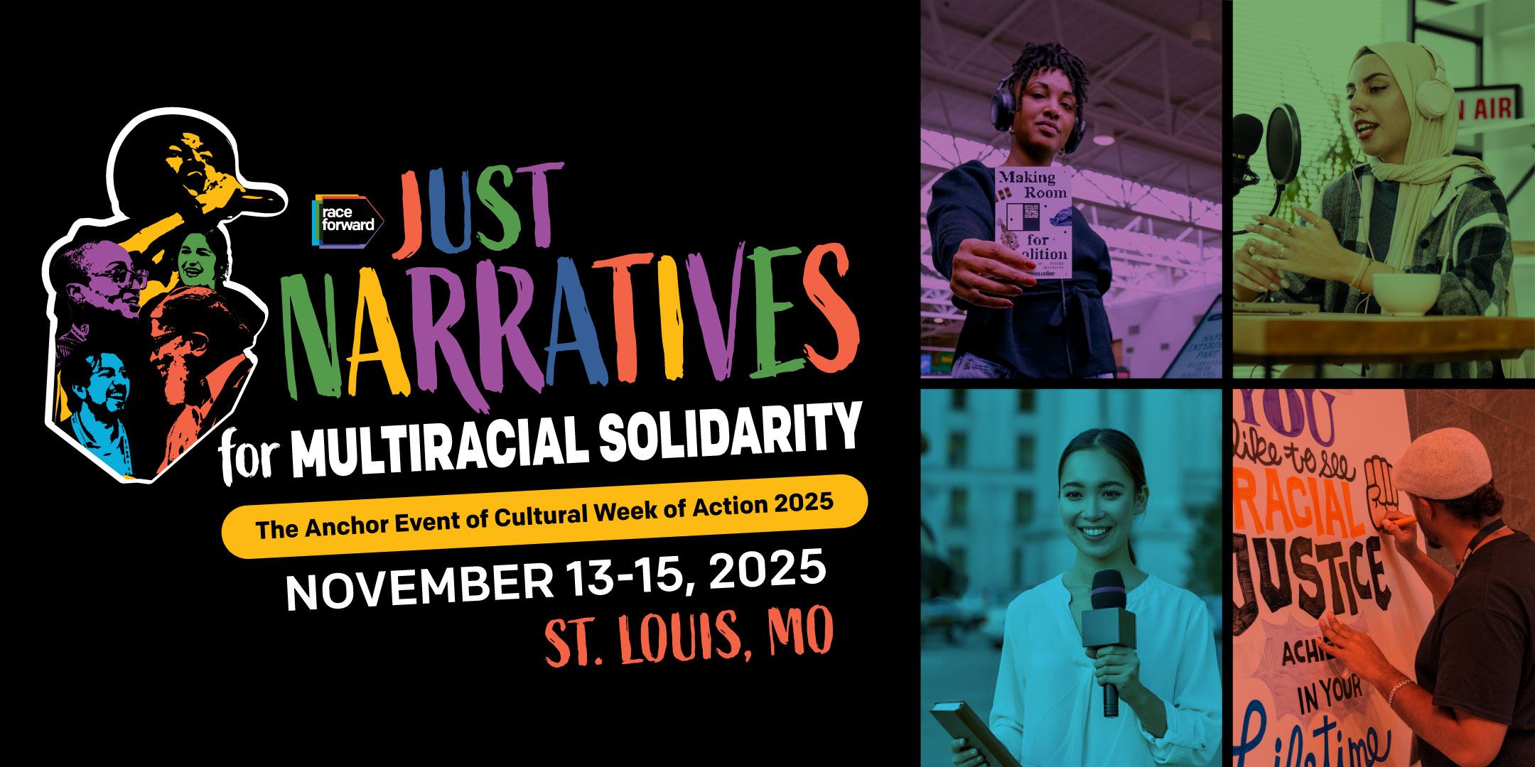 A graphic showing the Just Narratives logo with images of people in the media