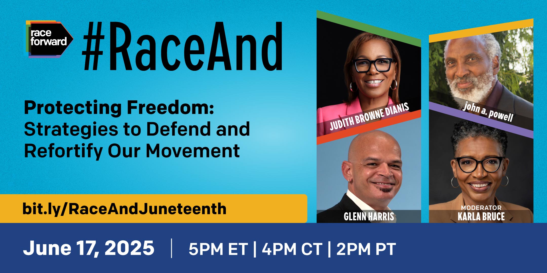 A graphic showing the speakers for the RaceAnd on June 17