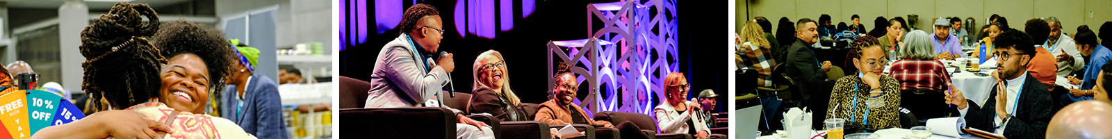 Collage of three photos: People hugging, presenters smiling and talking on stage, two people talking at table amount groups at other tables.
