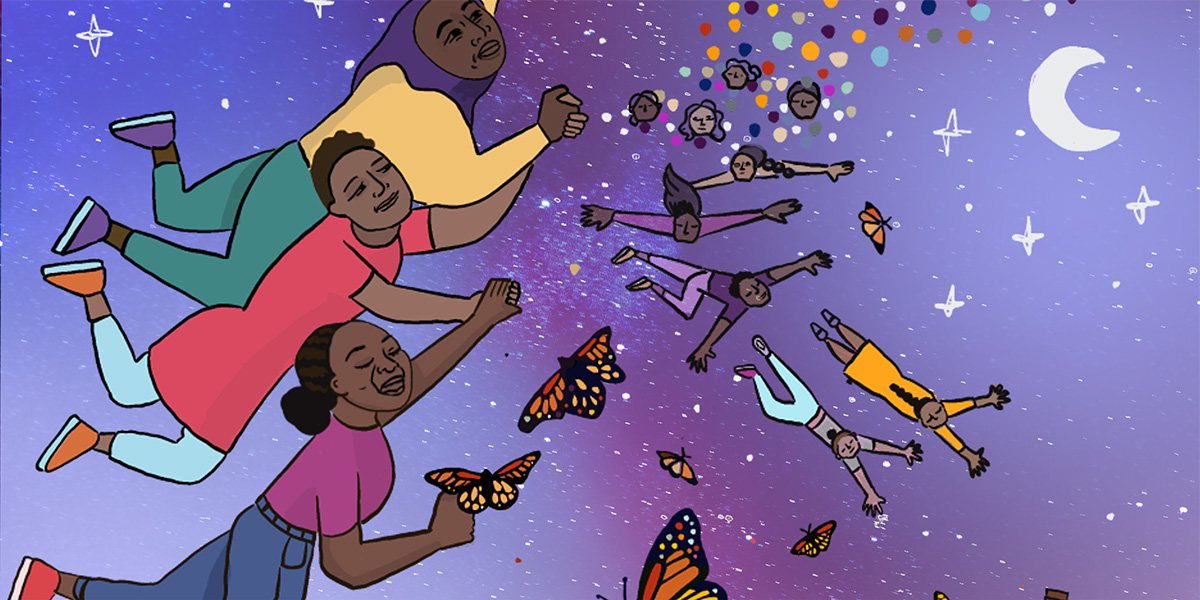People with dark skin holding hands and flying in a night sky with butterflies.