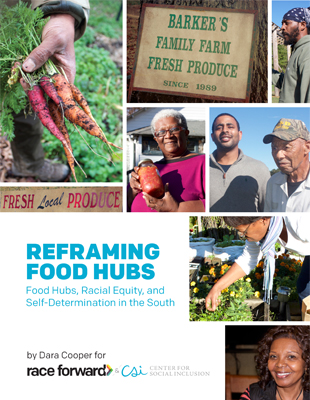 images of black farmers on cover of reframing food hubs report