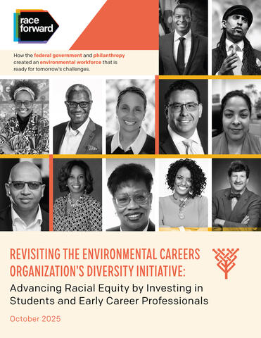 A collage of diverse professionals in formal attire features above a text block. Title: "Revisiting the Environmental Careers Organization's Diversity Initiative" with a focus on racial equity.