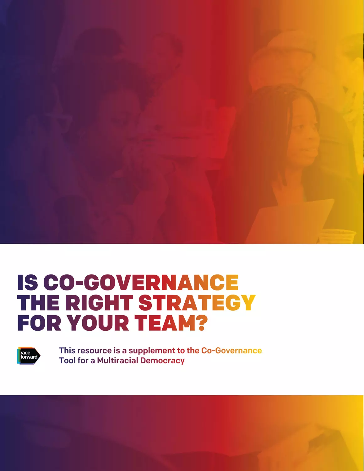 Co-Governence Strategy cover with yellow, red, purple gradient over people in meeting.