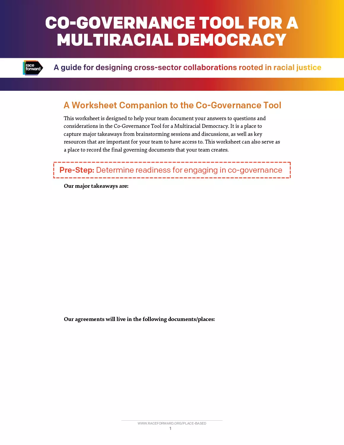 Co-Governance Tool Worksheet first page.