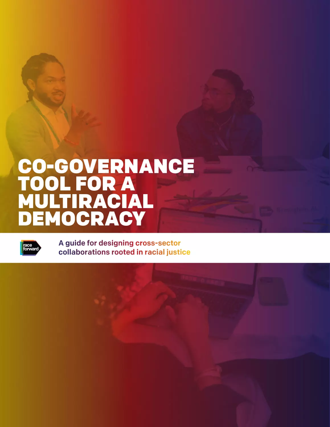 Co-Governence Tool cover with yellow, red, purple gradient over two people talking.
