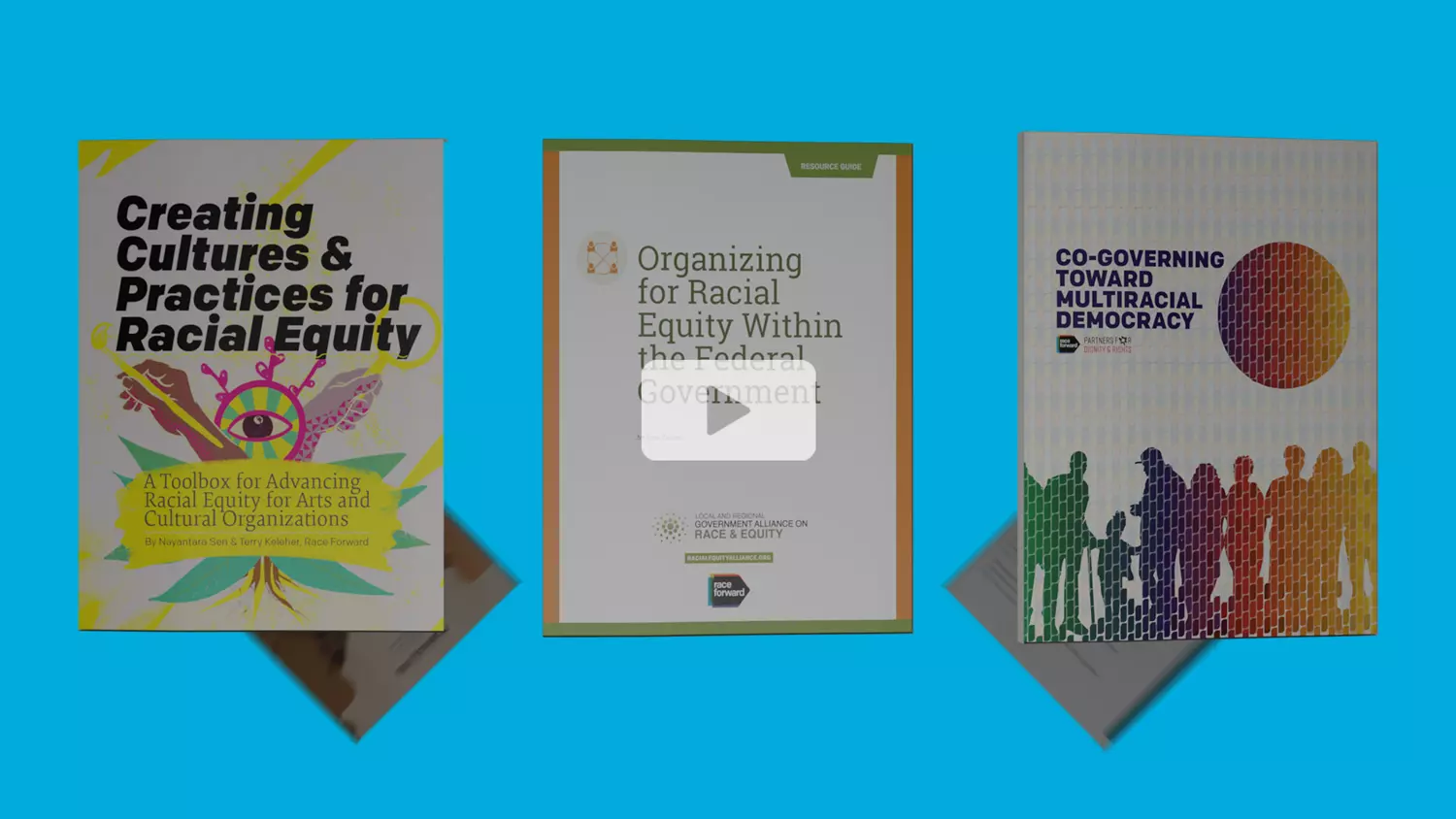 Placed-Based video thumbnail with three publications on blue background.