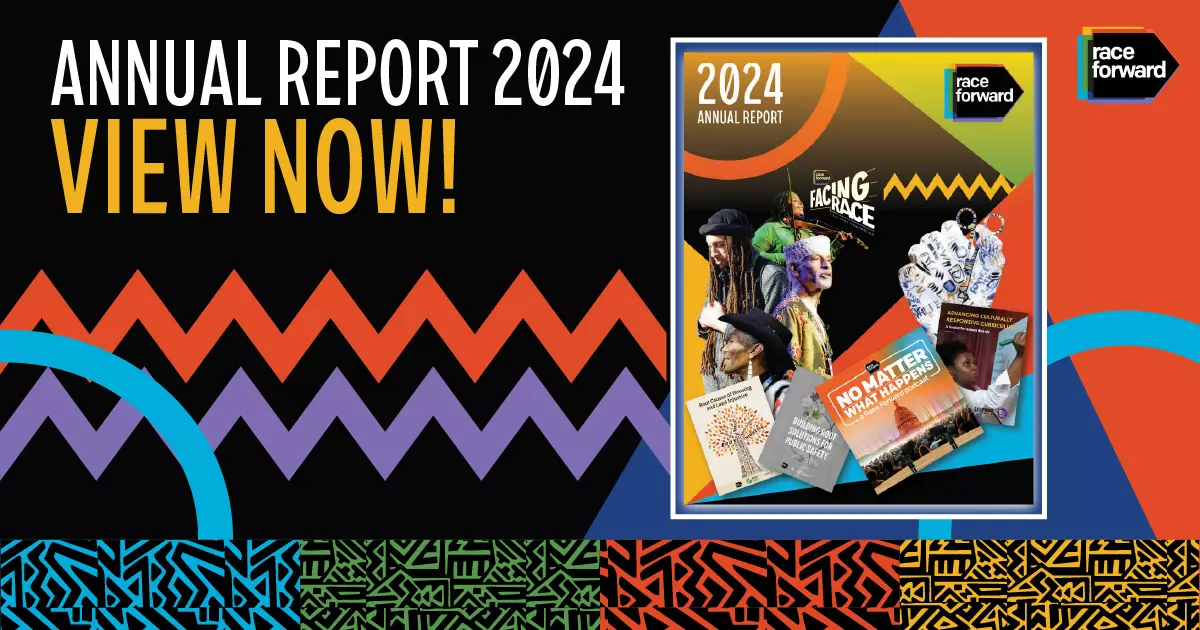 Graphic promoting Race Forward 2024 Annual Report with image of report cover