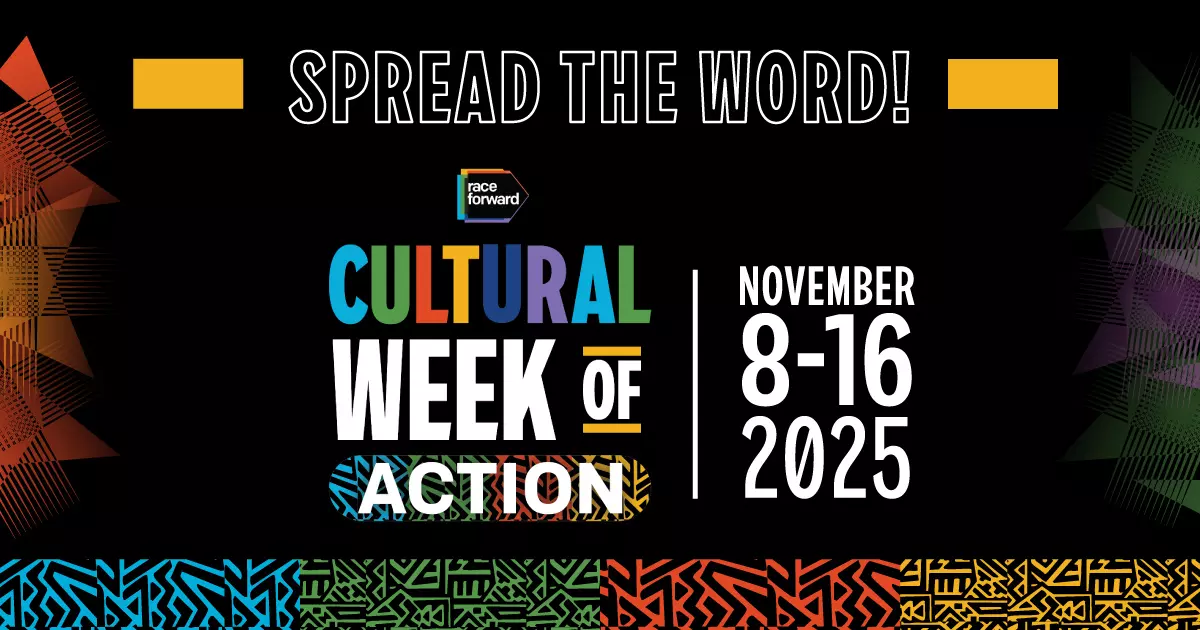 Colorful text announcing Cultural Week of Action from November 8-16, 2025, with geometric patterned borders on a black background.