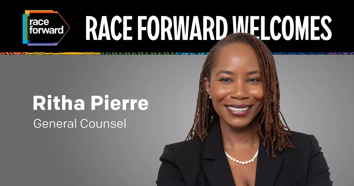 Professional portrait of Ritha Pierre, General Counsel, against a gray background with 'Race Forward Welcomes' text above.