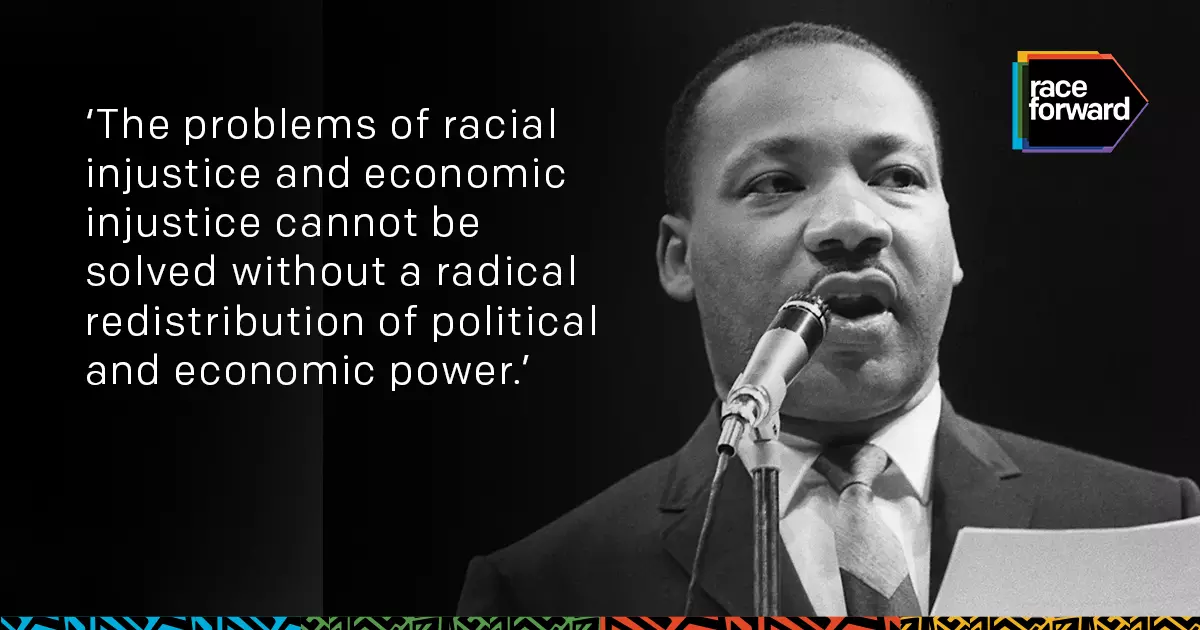 Graphic with black and white photo on the right of Dr. Martin Luther King, Jr. speaking into a microphone. Quote on the left: 'The problems of racial justice and economic injustice cannot be solved without a radical redistribution of political and economic power.'