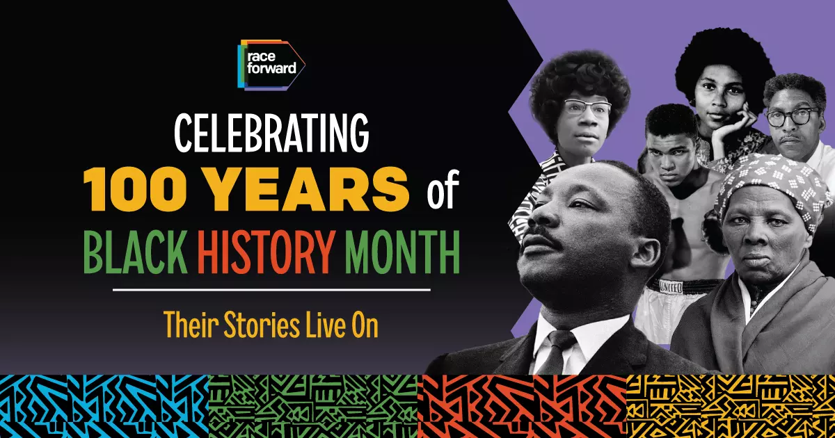 Graphic celebrating 100 years of Black History Month with colorful patterned borders and the phrase 'Their Stories Live On'. Collage of photos on the right featuring Martin Luther King, Jr., Harriet Tubman, Muhammad Ali, Bayard Rustin, Shirley Chisholm, and bell hooks.