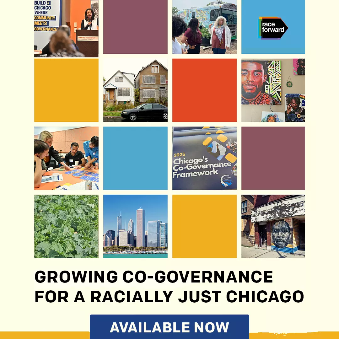 Grid of images showing community engagement in Chicago, urban scenes, and artwork. Text reads: "Growing Co-Governance for a Racially Just Chicago."