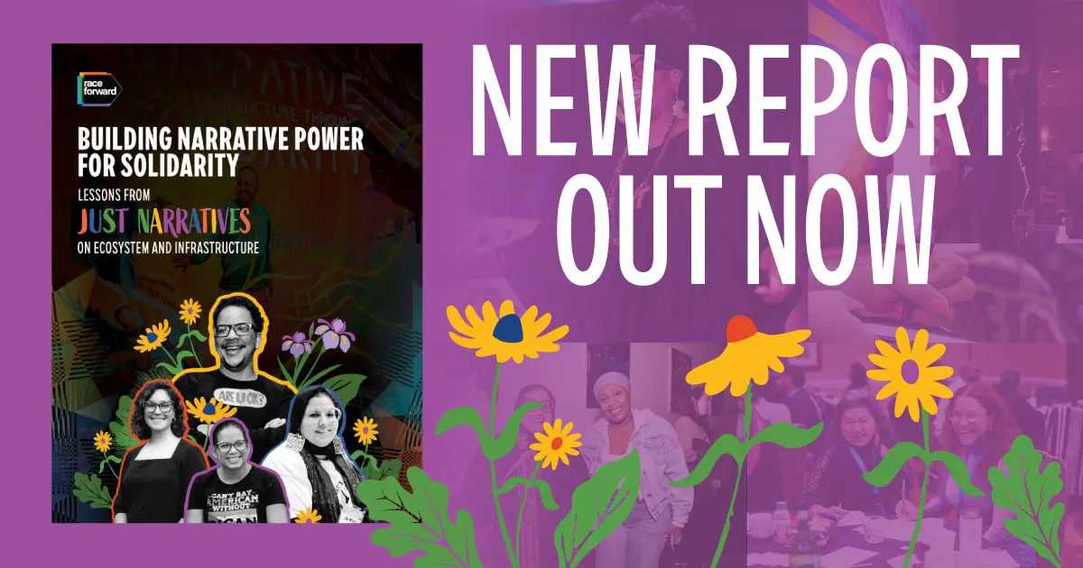 The image features a promotional graphic for a report titled "Building Narrative Power for Solidarity: Lessons from Just Narratives on Ecosystem and Infrastructure." It includes floral illustrations and portraits of four individuals. The phrase "New Report Out Now" is prominently displayed.